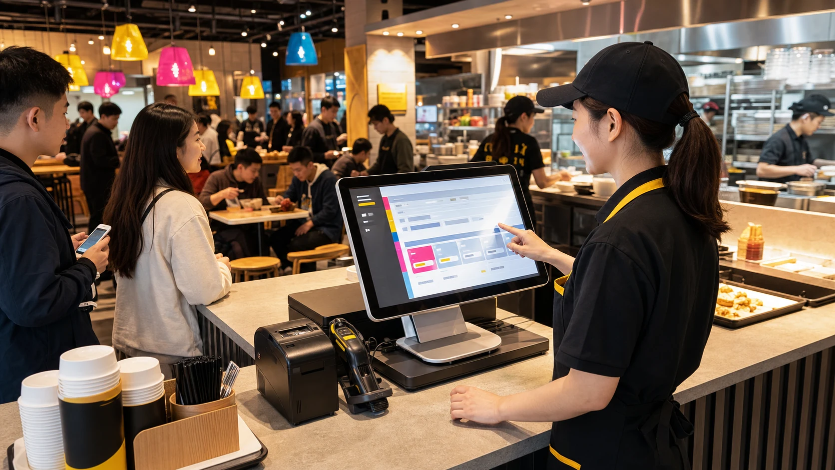餐饮门店高峰期，店员使用收银终端和点餐系统接待顾客。